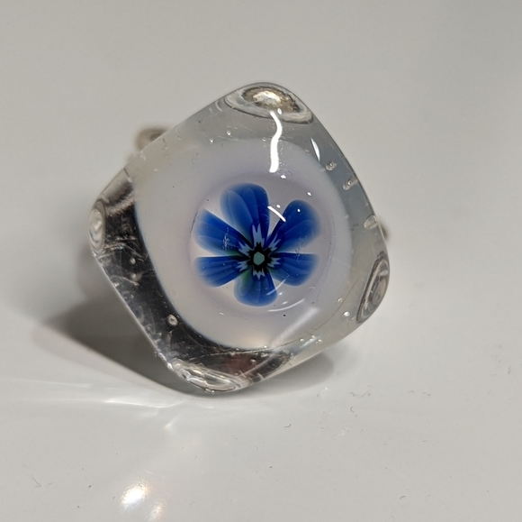 Hand Crafted Jewelry - Artisan Handmade glass blue flower statement ring. Silver plated adjustable ring